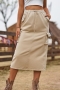 casual plus-size non-stretch denim drawstring slit cargo midi skirt_Black_Gray_Dark Green_Khaki
