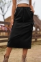 casual plus-size non-stretch denim drawstring slit cargo midi skirt_Black