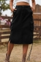 casual plus-size non-stretch denim drawstring lace-up slit cargo midi skirt_Black