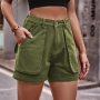 casual plus-size non-stretch denim pocket cargo shorts_Dark Green