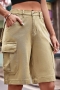 casual plus-size non-stretch denim pocket middle waist cargo shorts_Black_Gray_Dark Green_Beige_Khaki