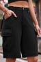 casual plus-size non-stretch denim pocket middle waist cargo shorts_Black