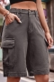 casual plus-size non-stretch denim pocket middle waist cargo shorts_Black_Gray