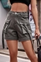casual plus-size non-stretch denim pocket elastic waist cargo shorts_Black_Gray