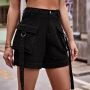 casual plus-size non-stretch denim pocket elastic waist cargo shorts_Black