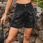 casual plus-size non-stretch denim pocket elastic waist cargo shorts_Black_Gray_Dark Gray