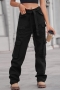 casual plus-size non-stretch denim pocket with belt cargo pants_Black