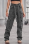 casual plus-size non-stretch denim pocket with belt cargo pants_Black_Gray