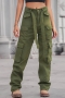 casual plus-size non-stretch denim pocket with belt cargo pants_Black_Gray_Dark Green