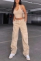 casual plus-size non-stretch denim pocket elasticated waist cargo pants_Black_Gray_Dark Green_Blue_Khaki