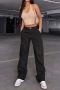 casual plus-size non-stretch denim pocket elasticated waist cargo pants_Black