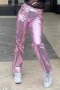 high street slight stretch pu leather 5 colors high waist straight pants_Pink