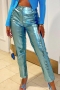 high street slight stretch pu leather 5 colors high waist straight pants_Pink_Light Green_Sky Blue