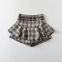 stylish non-stretch plaid pattern double belt ruffles skort size run small_Gray_Khaki _Multicolor