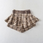 stylish non-stretch plaid pattern double belt ruffles skort size run small_Gray_Khaki