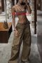 casual non-stretch solid color with pocket mid-waist cargo pants(no belt)_Black_Khaki _Brown