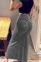 stylish slight stretch solid color high waist shirring peach hip maxi skirt_Black_Gray