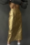 sexy solid color non-stretch holographic high waist zip-up slit midi skirt_Gold