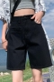 casual plus size non-stretch high waist straight denim shorts size run small_Black