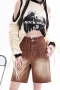 casual non-stretch high-waist raw-edged straight-leg denim shorts size run small_Dark Green_Brown