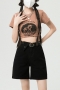 casual plus size non-stretch solid belt high waist denim shorts size run small_Black