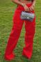 casual plus-size slight stretch solid color satin pocket loose zip-up pants_Black_Red