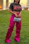 casual plus-size slight stretch solid color satin pocket loose zip-up pants_Black_Red_Magenta