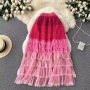 stylish non-stretch gradient mesh high waist a-line midi skirt_Rose Red_Magenta
