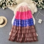 stylish non-stretch gradient mesh high waist a-line midi skirt_Rose Red_Magenta_Yellow_Green_Purple_Brown
