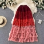 stylish non-stretch gradient mesh high waist a-line midi skirt_Rose Red