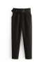 casual non-stretch 17 colors solid color high waist pocket belt ankle pants_Black