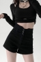 stylish plus size slight stretch high waist denim shorts size run small_Black