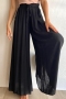 casual non-stretch solid color drawstring wide leg pants_Black