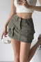 sexy non-stretch solid zip-up pocket lined denim mini cargo skirt size run small_Black_Pink_Dark Green