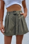 casual non-stretch solid color zip-up pocket belt wide leg shorts_Black_Dark Green