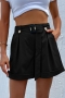 casual non-stretch solid color zip-up pocket belt wide leg shorts_Black