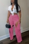 sexy plus size non-stretch cotton solid color hollow high-waist pants_Black_Pink