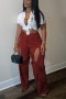 sexy plus size non-stretch cotton solid color hollow high-waist pants_Black_Pink_Rose Red