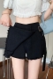 casual plus size non-stretch solid color denim high-waist skorts size run small_Black