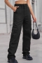 casual plus-size non-stretch denim simple pocket cargo pants_Black