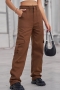 casual plus-size non-stretch denim simple pocket cargo pants_Black_Gray_Pink_Dark Green_Khaki _Brown