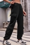 casual plus-size non-stretch denim pocket drawstring cargo pants_Black