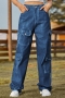 casual plus-size non-stretch button denim pocket cargo pants_Black_Dark Gray_Dark Green_Blue
