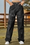 casual plus-size non-stretch button denim pocket cargo pants_Black_Dark Gray