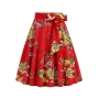 stylish plus size non-stretch flower printing belt zip-up midi skirt_Black_White_Red
