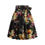 stylish plus size non-stretch flower printing belt zip-up midi skirt_Black