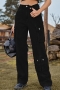 casual plus-size non-stretch denim pocket cargo pants_Black