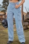 casual plus-size non-stretch denim pocket cargo pants_Black_Dark Gray_Dark Green_Sky Blue