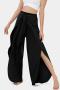 casual plus size non-stretch solid color ruffle slit pants_Black