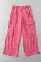 casual non-stretch 5 colors drawstring cargo straight pants(size run small)_Black_Dark Gray_Pink_Magenta
